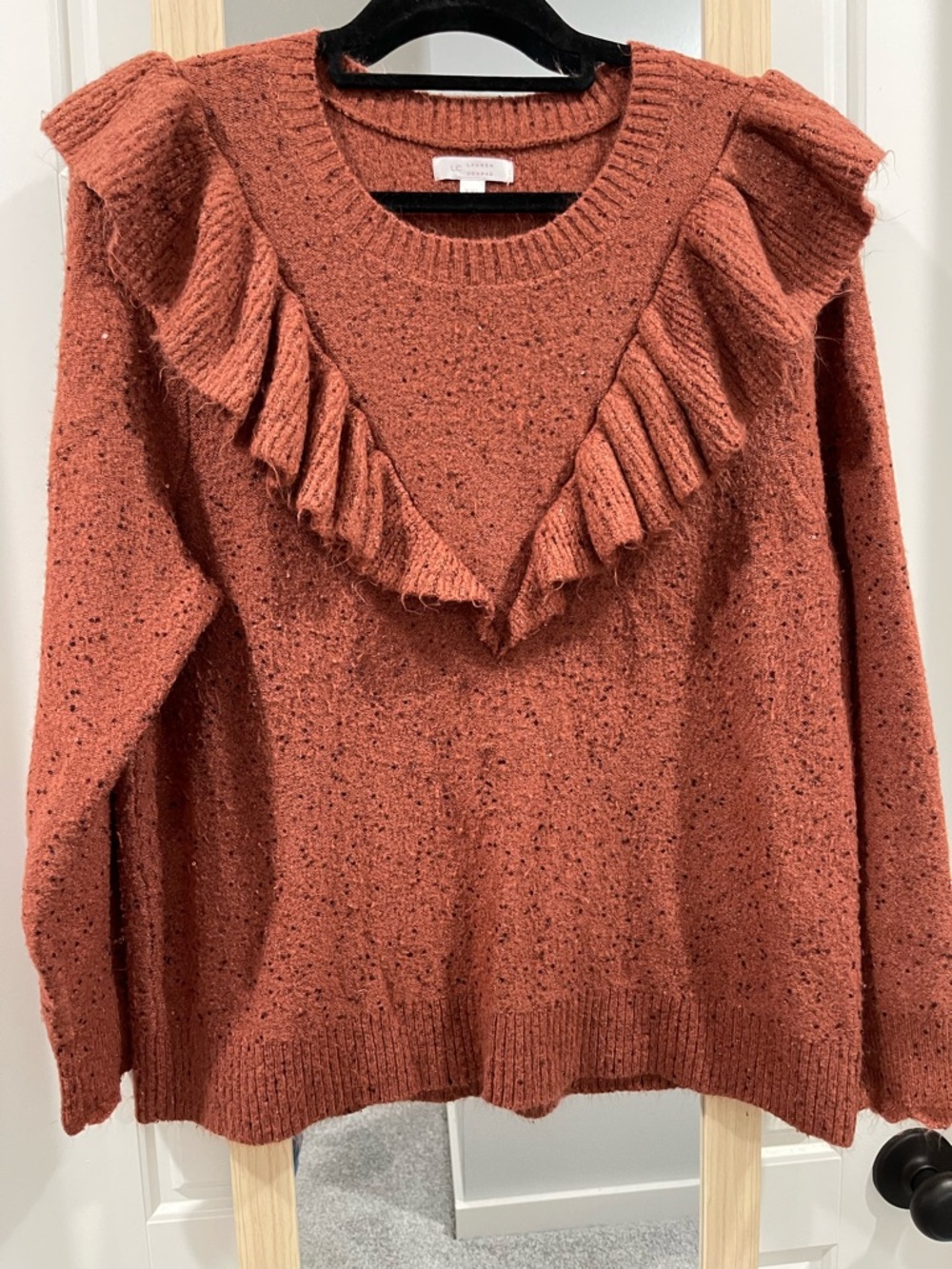 LC Lauren Conrad Rust Ruffle-Trim Crewneck Sweater